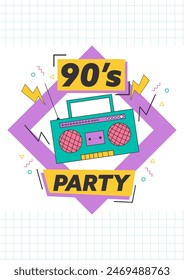 90 s party poster. Back to the 90 s. Retro party vector background illustration. Illustration in memphis style.