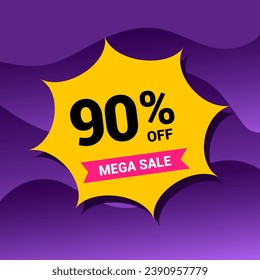90% sale badge vector illustration on a purple gradient background. Ninety percent price tag. Yellow and purple.
