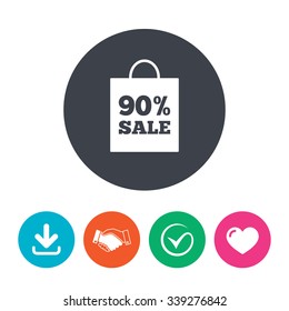 90% sale bag tag sign icon. Discount symbol. Special offer label. Download arrow, handshake, tick and heart. Flat circle buttons.