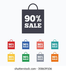 90% sale bag tag sign icon. Discount symbol. Special offer label. Colored flat icons on white background.