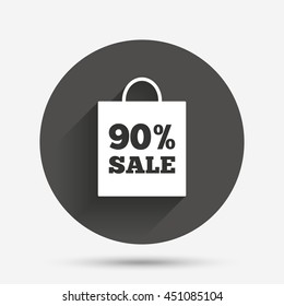 90% sale bag tag sign icon. Discount symbol. Special offer label. Circle flat button with shadow. Vector