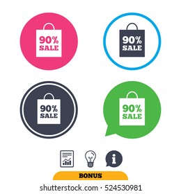 90% sale bag tag sign icon. Discount symbol. Special offer label. Report document, information sign and light bulb icons. Vector