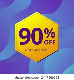 90% Sale and Discount Label. Ninety percent Sale Discount label Geometric design. Abstract Blue and Yellow Hexagon. Vector illustration.