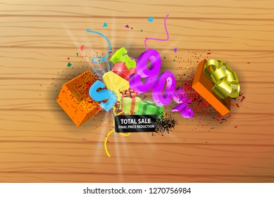 90% of sale an explosion of confetti on wooden background