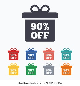 90% sale gift box tag sign icon. Discount symbol. Special offer label. Colored flat icons on white background.