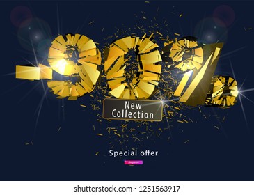 90% sale golden sign with gold confetti. Vector illustration. Black background