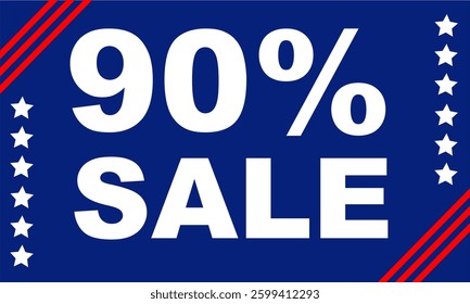 90% Sale off printable tag. USA independence sale template banner for business blue background