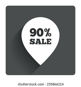 90% sale pointer tag sign icon. Discount symbol. Special offer label. Gray flat square button with shadow. Modern UI website navigation. Vector