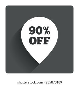 90% sale pointer tag sign icon. Discount symbol. Special offer label. Gray flat square button with shadow. Modern UI website navigation. Vector