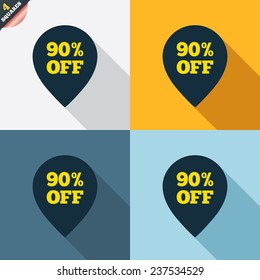 90% sale pointer tag sign icon. Discount symbol. Special offer label. Four squares. Colored Flat design buttons. Vector