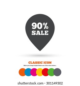 90% sale pointer tag sign icon. Discount symbol. Special offer label. Classic flat icon. Colored circles. Vector