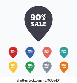 90% sale pointer tag sign icon. Discount symbol. Special offer label. Colored flat icons on white background.