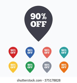 90% sale pointer tag sign icon. Discount symbol. Special offer label. Colored flat icons on white background.