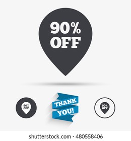 90% sale pointer tag sign icon. Discount symbol. Special offer label. Flat icons. Buttons with icons. Thank you ribbon. Vector