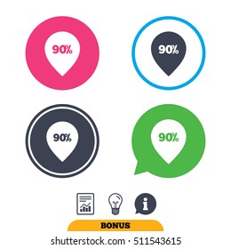 90% sale pointer tag sign icon. Discount symbol. Special offer label. Report document, information sign and light bulb icons. Vector