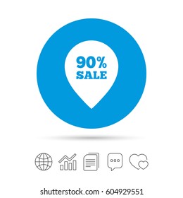 90% sale pointer tag sign icon. Discount symbol. Special offer label. Copy files, chat speech bubble and chart web icons. Vector