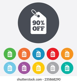 90% sale price tag sign icon. Discount symbol. Special offer label. Round colourful 11 buttons. Vector