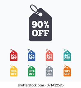 90% sale price tag sign icon. Discount symbol. Special offer label. Colored flat icons on white background.