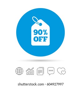 90% sale price tag sign icon. Discount symbol. Special offer label. Copy files, chat speech bubble and chart web icons. Vector