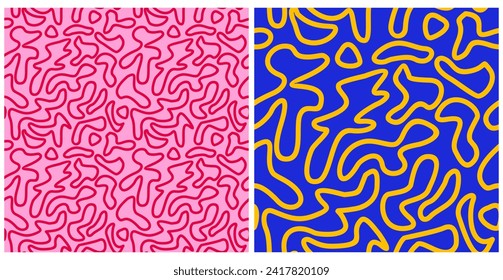 90' Seamless Vector Patterns. Neon Colors. Colorful Geometric Endless Prints with Abstract Elements Isolated on a Light Pink and Vibrant Blue Background. RGB. Vivid Repeatable Design in Retro Style.