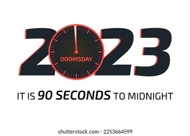 It is 90 seconds to the midnight banner. Doomsday alarm poster. Doomsday clock. Symbol of global catastrophe, apocalypse sign. Flat vector illustration.