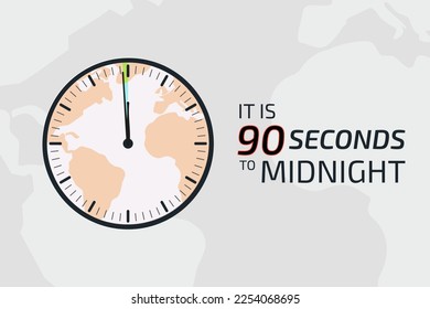 It is 90 seconds to midnight banner. Doomsday alarm poster. Doomsday clock. Symbol of global catastrophe, apocalypse sign. Flat vector illustration.