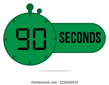 90 Seconds timer clock. Digital timer with 90 sec icon. Time measure and countdown. Chronometer green icon isolated on white background