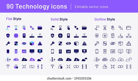 90 Technology icons - Flat, Solid and Outline style