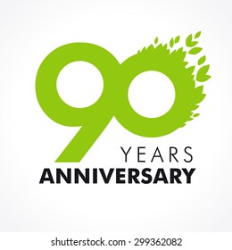 90 th anniversary numbers. 90s years old logotype. Age congrats, congratulation concept with leaves. Isolated abstract graphic design template. Herbal digits, up to 90% percent off discount. Eco label