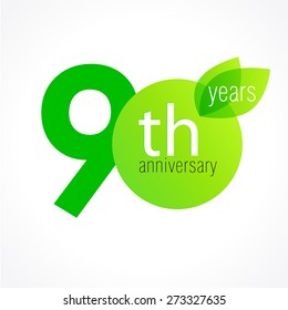 90 th anniversary numbers. 90 years old logotype. Age congrats, congratulation concept with leaves. Isolated abstract graphic design template. Herbal digits, up to 90% percent off discount. Eco label.