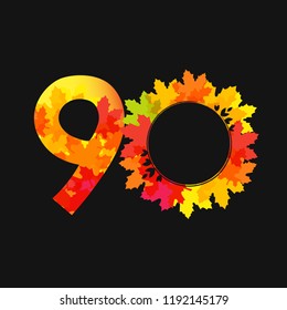 90 th years old logotype Bright red leaves, coloured offer, congratulating celebrating decorating template. Isolated round shape trendy abstract digits, up to -90 % percent off creative graphic label