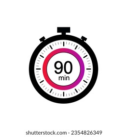 90 timer minutes symbol, 90 min timer clock icon flat design isolated on white background.