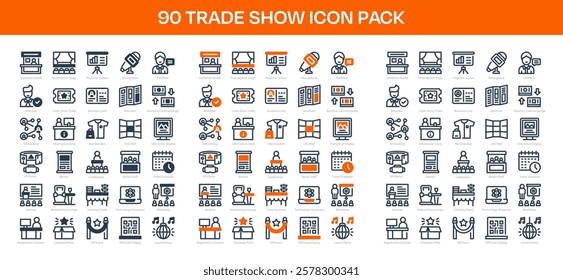 90 Trade Show Icons in 3 Styles (Line, Solid, Two-Tone), Featuring Business Card, Conference, Event Schedule, and More – Vector Illustrations