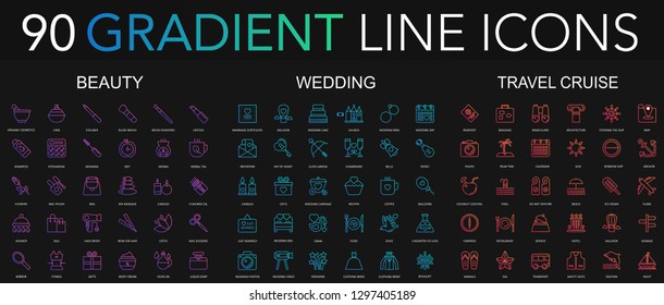 90 trendy gradient style thin line icons set of beauty, wedding, travel cruise isolated on black background.