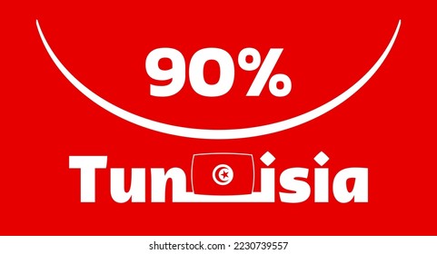 90% Tunisia sign label vector art illustration with visible font, stylized in white color on a red background