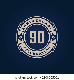 90 Year Anniversary Celebration with Golden Color for Celebration Event, Wedding, Greeting card, and Invitation Isolated on Blue Background