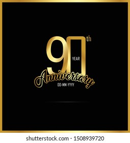 90 year anniversary celebration logotype. anniversary logo with golden color isolated on black background, vector design for celebration, invitation card, and greeting card - Vector
