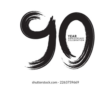 90 year anniversary celebration logotype black paintbrush vector, 90 number design, 90th Birthday invitation, anniversary template, logo number design vector, calligraphy font, typography logo