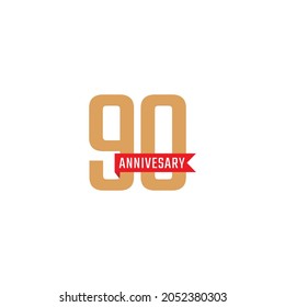 90 Year Anniversary Celebration with Red Ribbon Vector. Happy Anniversary Greeting Celebrates Template Design Illustration