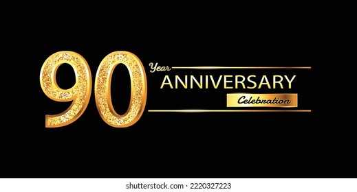90 Year Anniversary celebration Vector Design. 90th Anniversary celebration. Gold Luxury Banner of 90th Anniversary celebration with glitter 3D. Vector anniversary