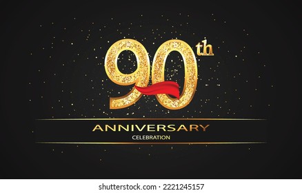 90 Year Anniversary celebration Vector Design with red ribbon and glitter. 90th Anniversary celebration. Gold Luxury Banner of 90th Anniversary. celebration card