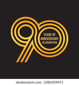 90 year anniversary gold color logo on black background. 90 years anniversary celebration event, invitation card, greeting card, banner, poster, flyer. 90th anniversary template design.