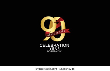 90 year anniversary red ribbon celebration logotype. anniversary logo with Red text and Spark light gold color isolated on black background, design for celebration, invitation - vector