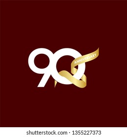 90 Year Anniversary White Gold Ribbon Vector Template Design Illustration