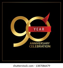 90 year minimalist logo years, jubilee, greeting card. Red and Gold Ribbons for Birthday invitation. Sign Ribbon Gold space vector illustration on black background - Vector