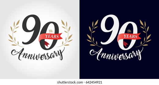 90 years, 90th anniversary, number, hand writing, and red ribbon. vintage style