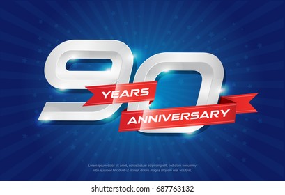 90 years anniversary background with red ribbon and star on blue background. celebrating logotype, poster or brochure template. Vector illustration
