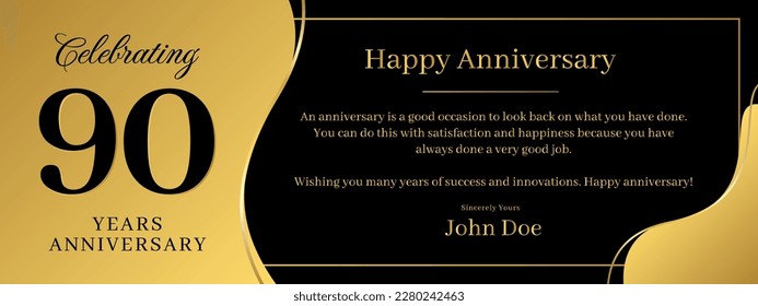 90 years anniversary, a banner speech anniversary template with a gold background combination of black and text that can be replaced