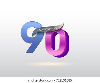 90 years anniversary blue and pink logotype with ribbon isolated on white background, vector design for greeting card and invitation card.