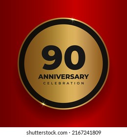 90 years anniversary celebration background. Celebrating 90th anniversary event party poster template. Vector golden circle with numbers and text on red square background. Vector illustration